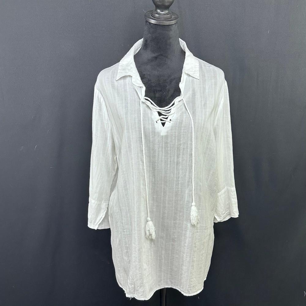 Land n Sea Women XL Tunic White Lace Up Tassel Boho Renaissance Faire Peasant